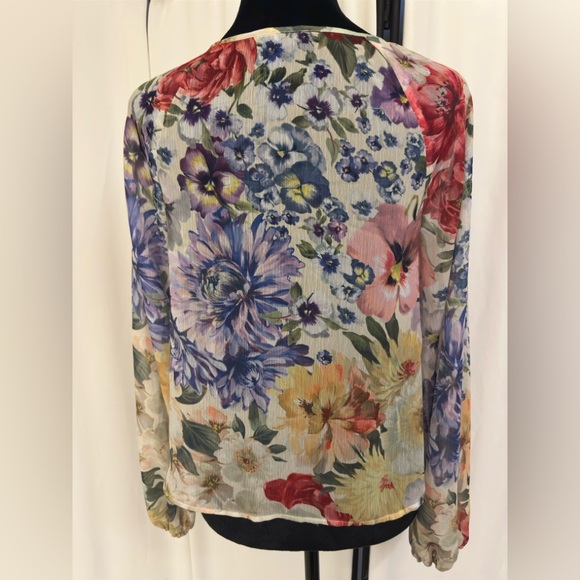 Express Floral Sheer Smocked Balloon Sleeve Button Up Shirt - Picture 6 of 9